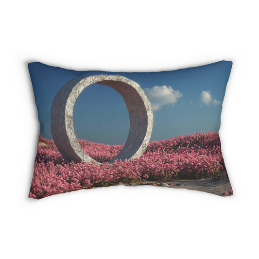 Stone Circle in Pink Bloom Lumbar Pillow – Serene Portal Through Wildflowers