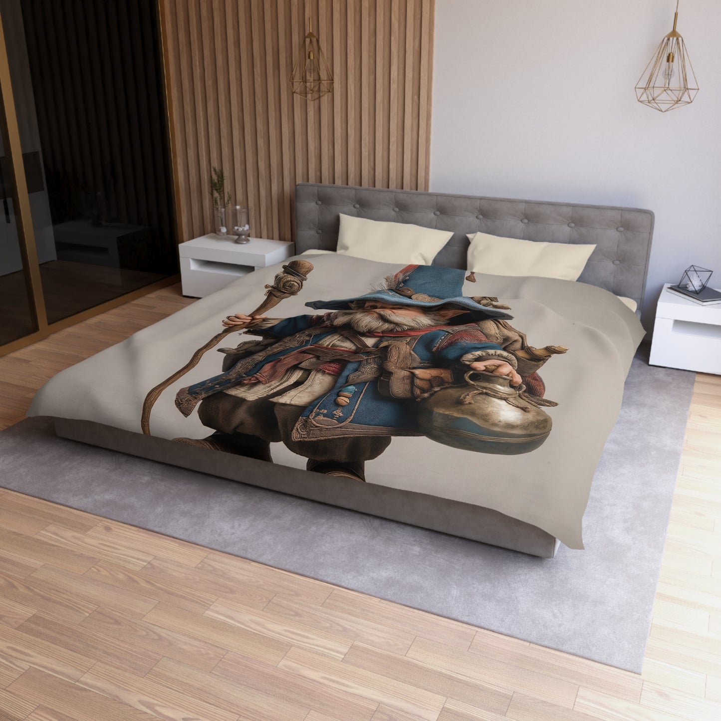 Traveling Wizard Duvet Cover – Blue Cloak and Feathered Hat Dreamscape