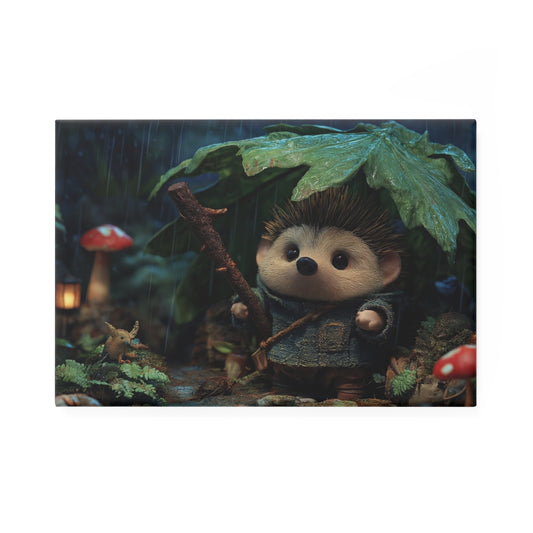 Rain-Slicked Hedgehog Explorer Button Magnet, Rectangle (1 & 10 pcs) – Tiny Guardian in the Wet Woods