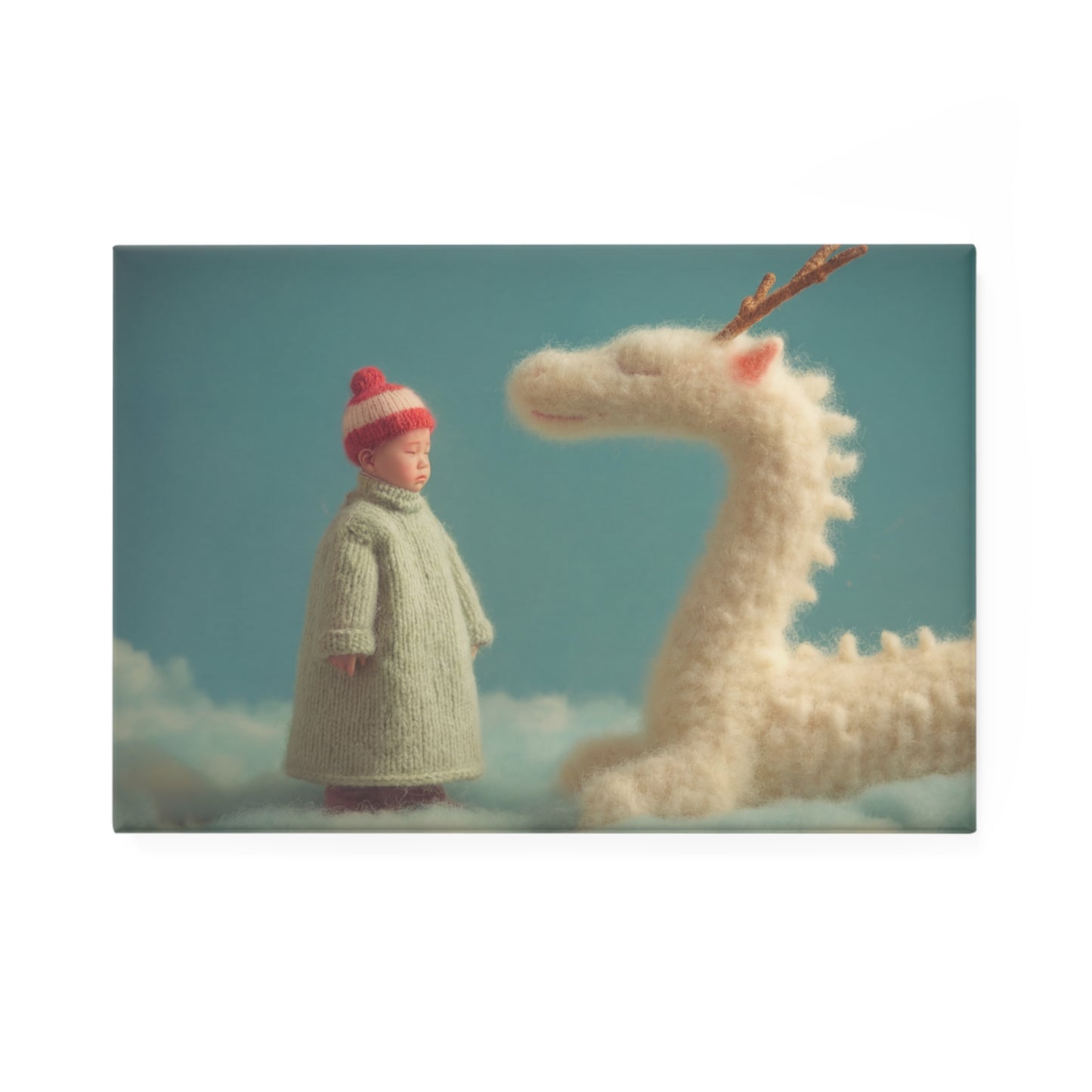 Child and Dragon on Clouds Button Magnet, Rectangle (1 & 10 pcs) – Quiet Fellowship in Skyward Softness