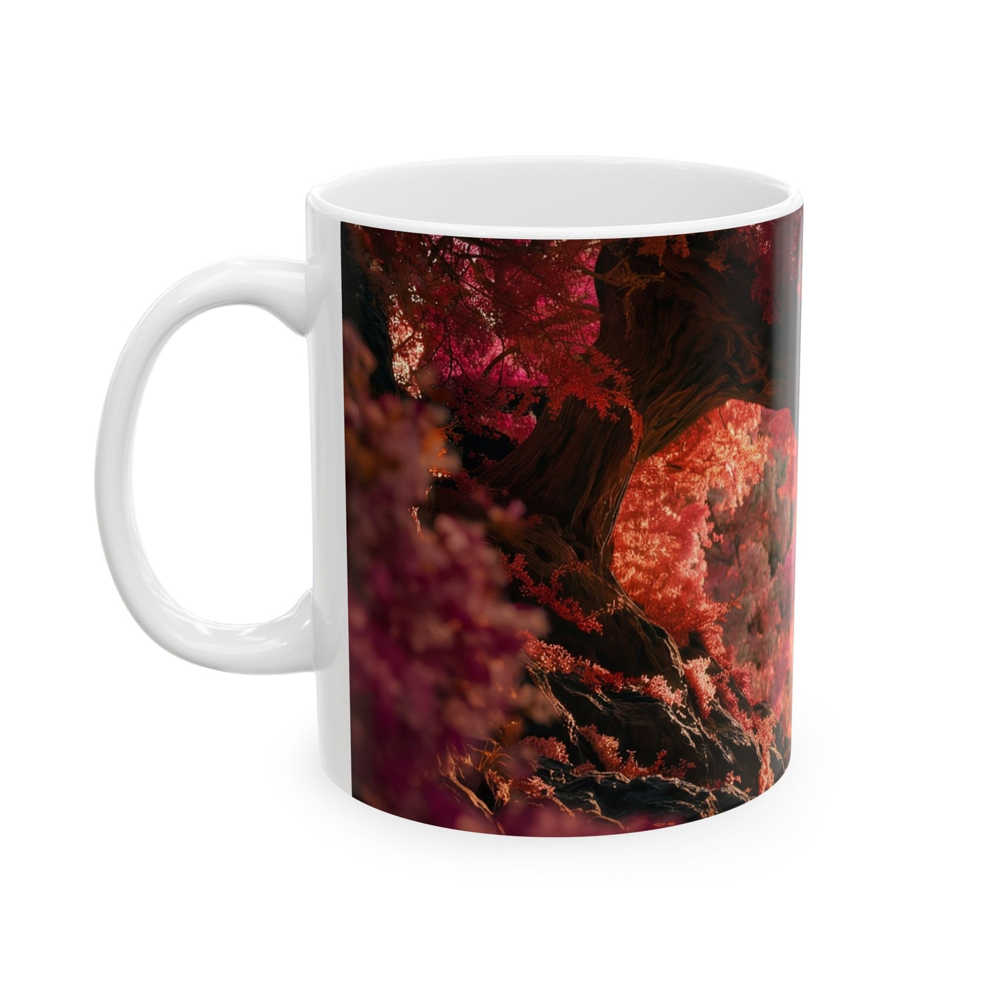 Crimson Canopy Ceramic Mug – Whispers of a Love-Spun Forest