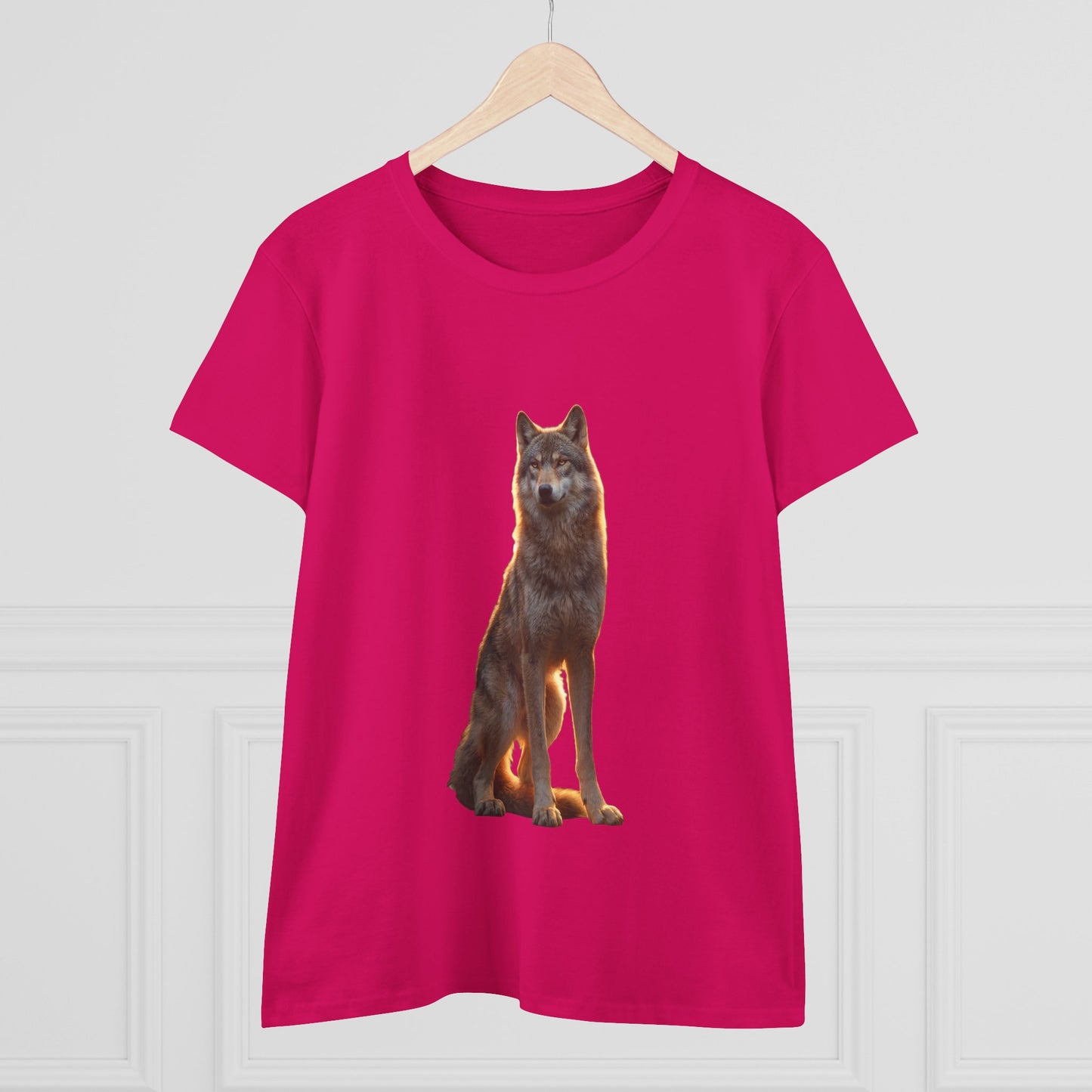 Golden Hour Wolf Women's Midweight Cotton Tee – Sentient Silhouette on Black