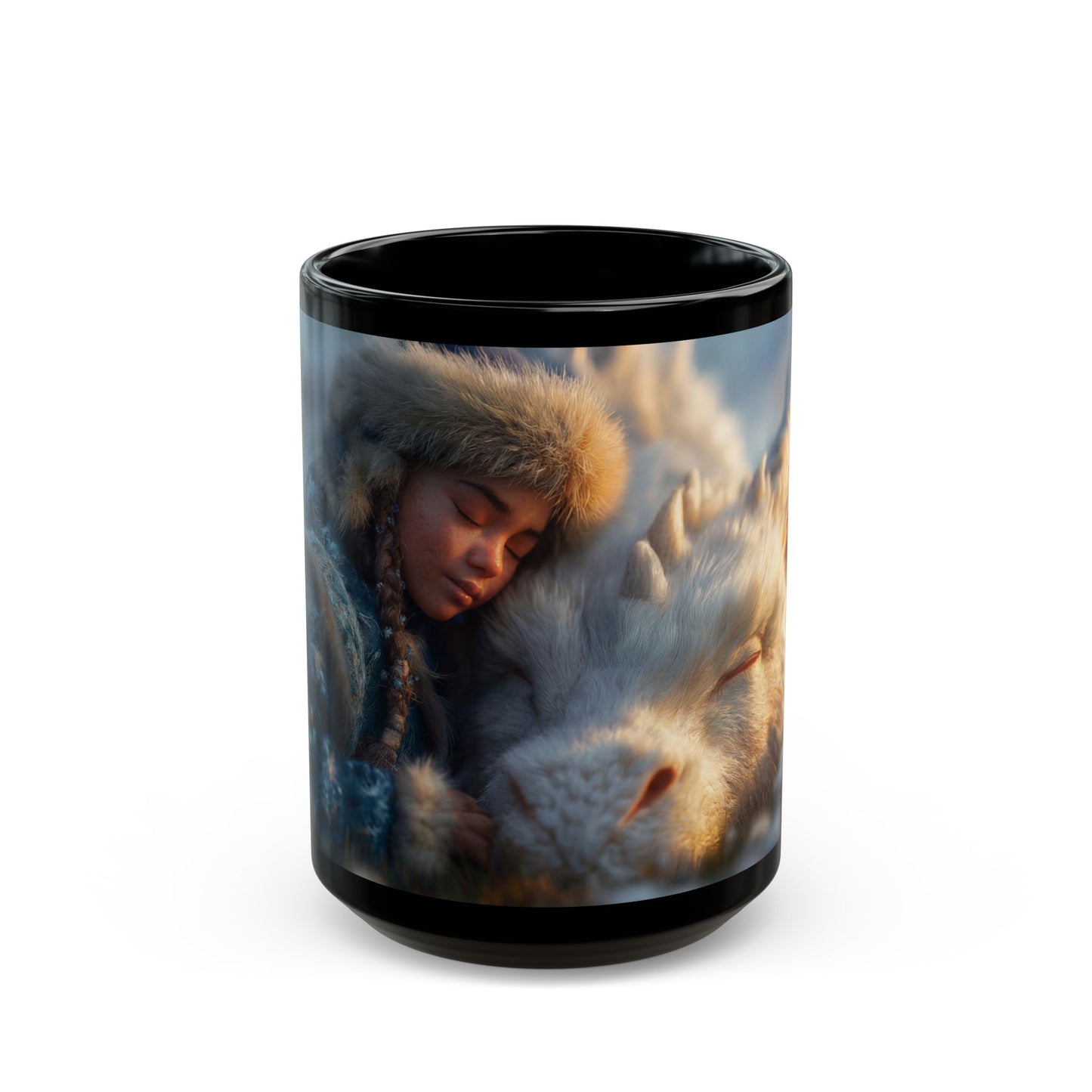 Winter’s Quiet Companion Black Mug – Snowdrift Embrace with Frost-Scaled Dragon