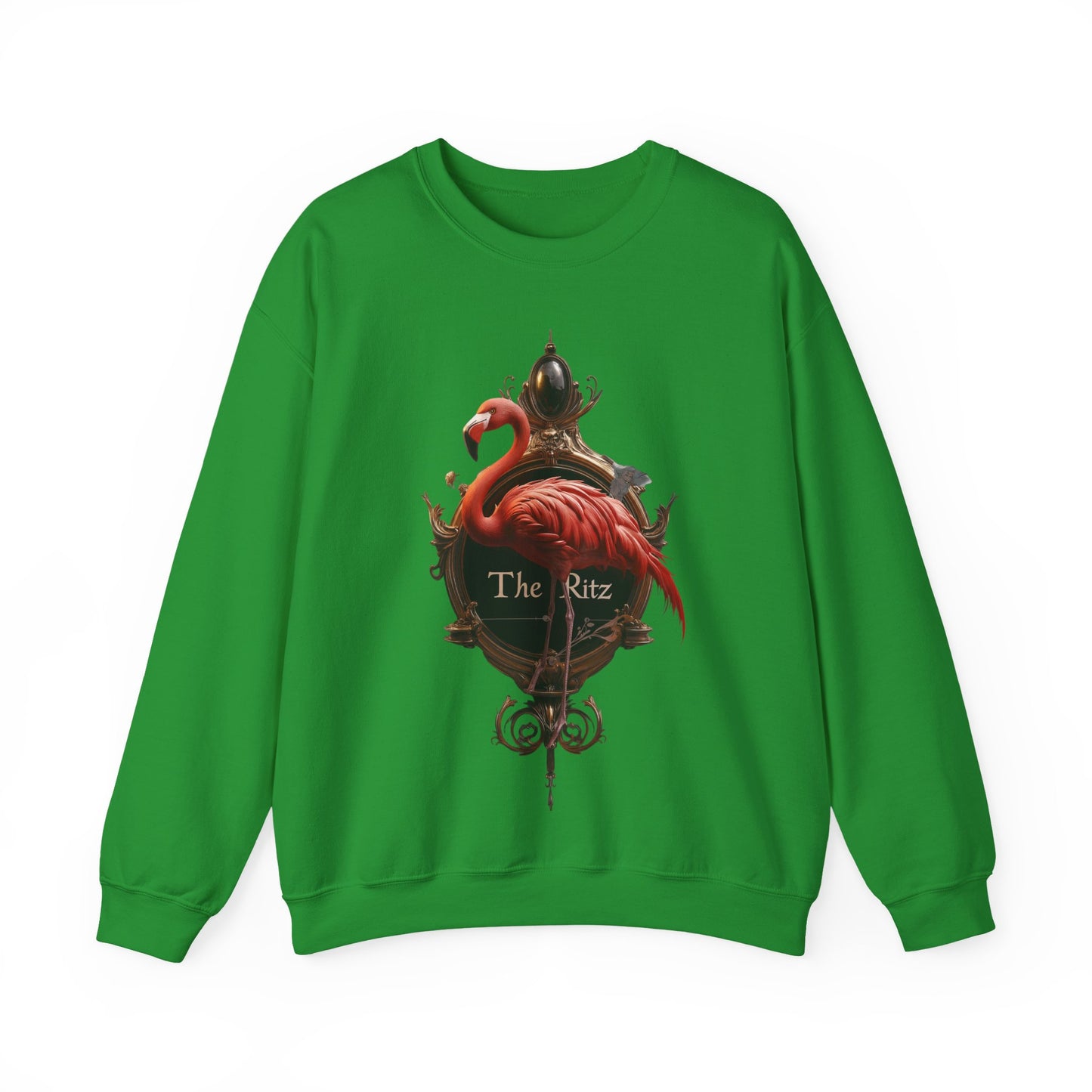 The Ritz Flamingo Unisex Heavy Blend™ Crewneck Sweatshirt – Ornate Gold Frame with Crimson Bird and Whimsical Sentinel