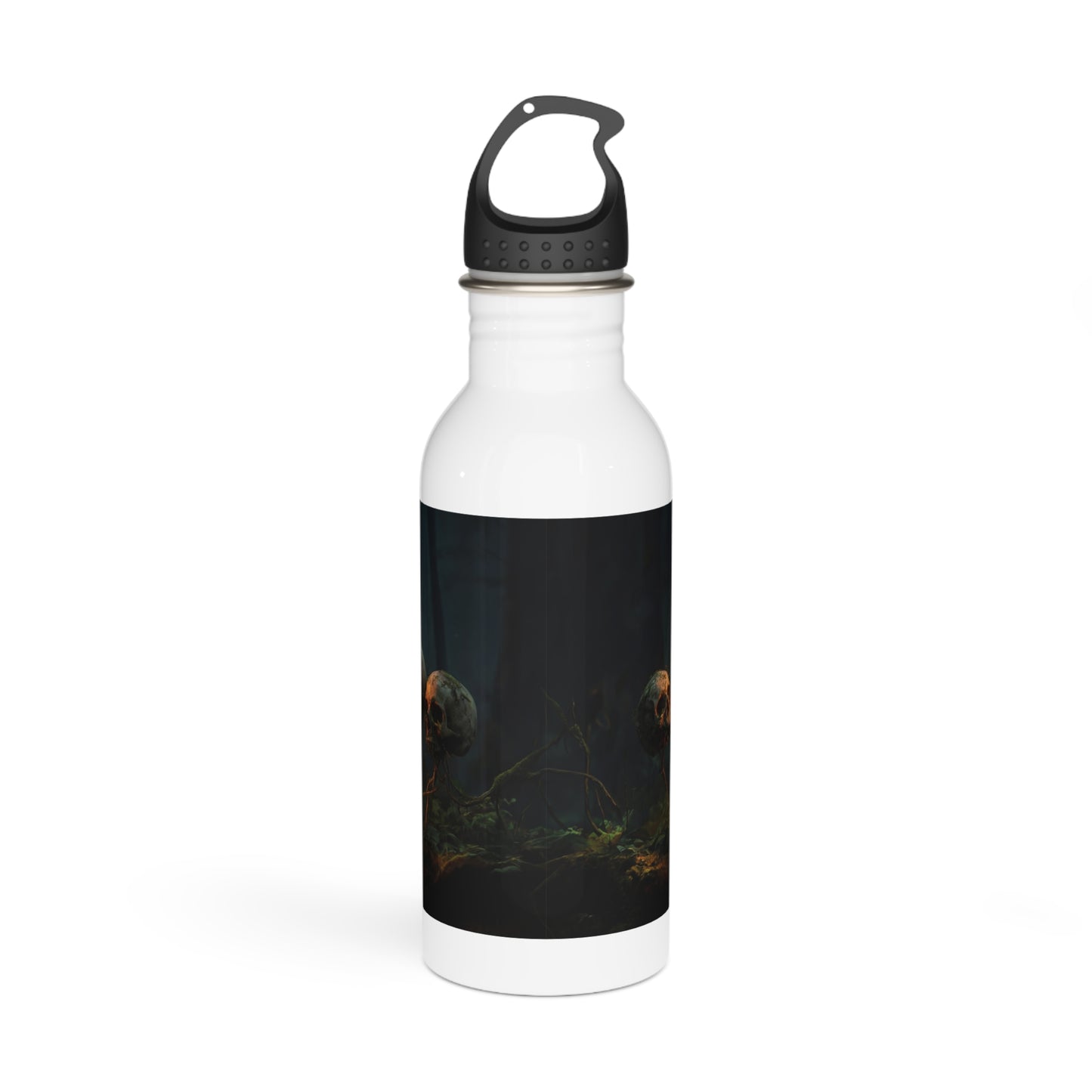 Glowing Lightbulb in Haunted Forest Stainless Steel Water Bottle – Wisdom’s Warm Glow Among the Roots