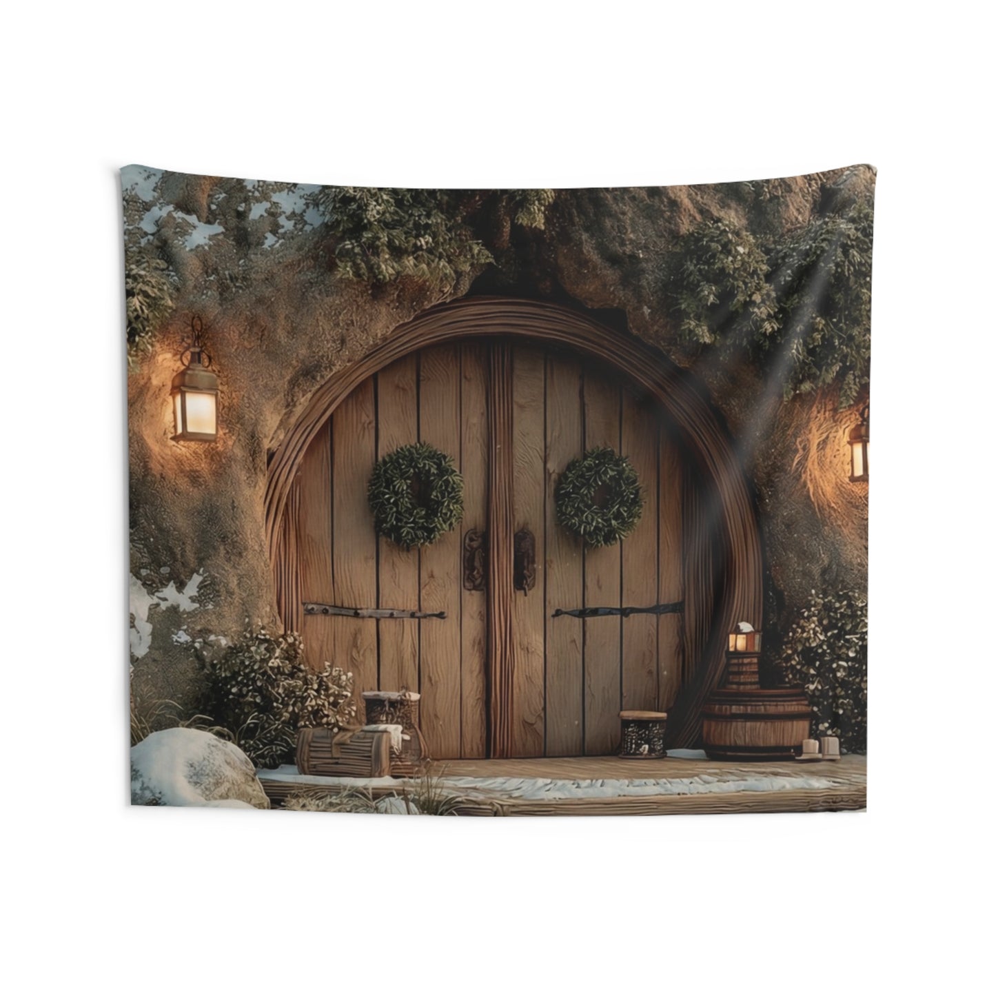 Winter Hollow Treehouse Tapestry – Snow-Dusted Forest Sanctuary