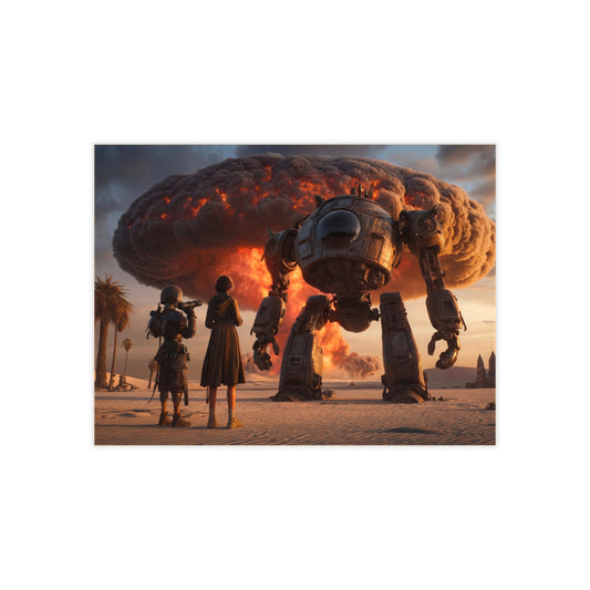 Giant Warbot Desert Dawn Ceramic Photo Tile – Witnessing the Sky’s Fiery Heart