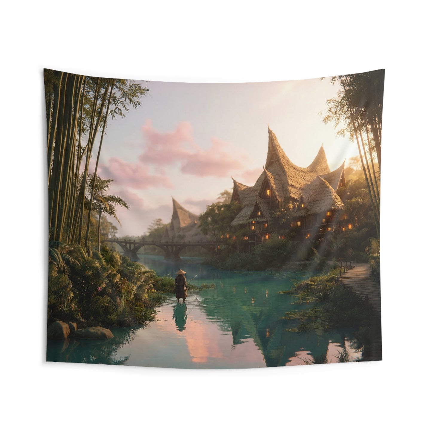 Bamboo River Village Tapestry – Twilight’s Warm Glow Over Water