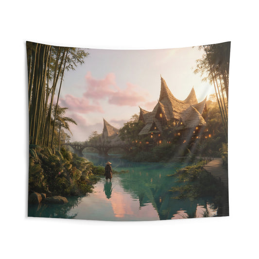 Bamboo River Village Tapestry – Twilight’s Warm Glow Over Water