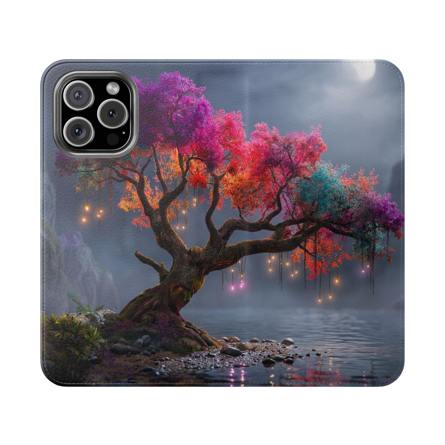 Chromatic Canopy Flip Cases – Rainbow Tree Moonlit Waterfall Scene