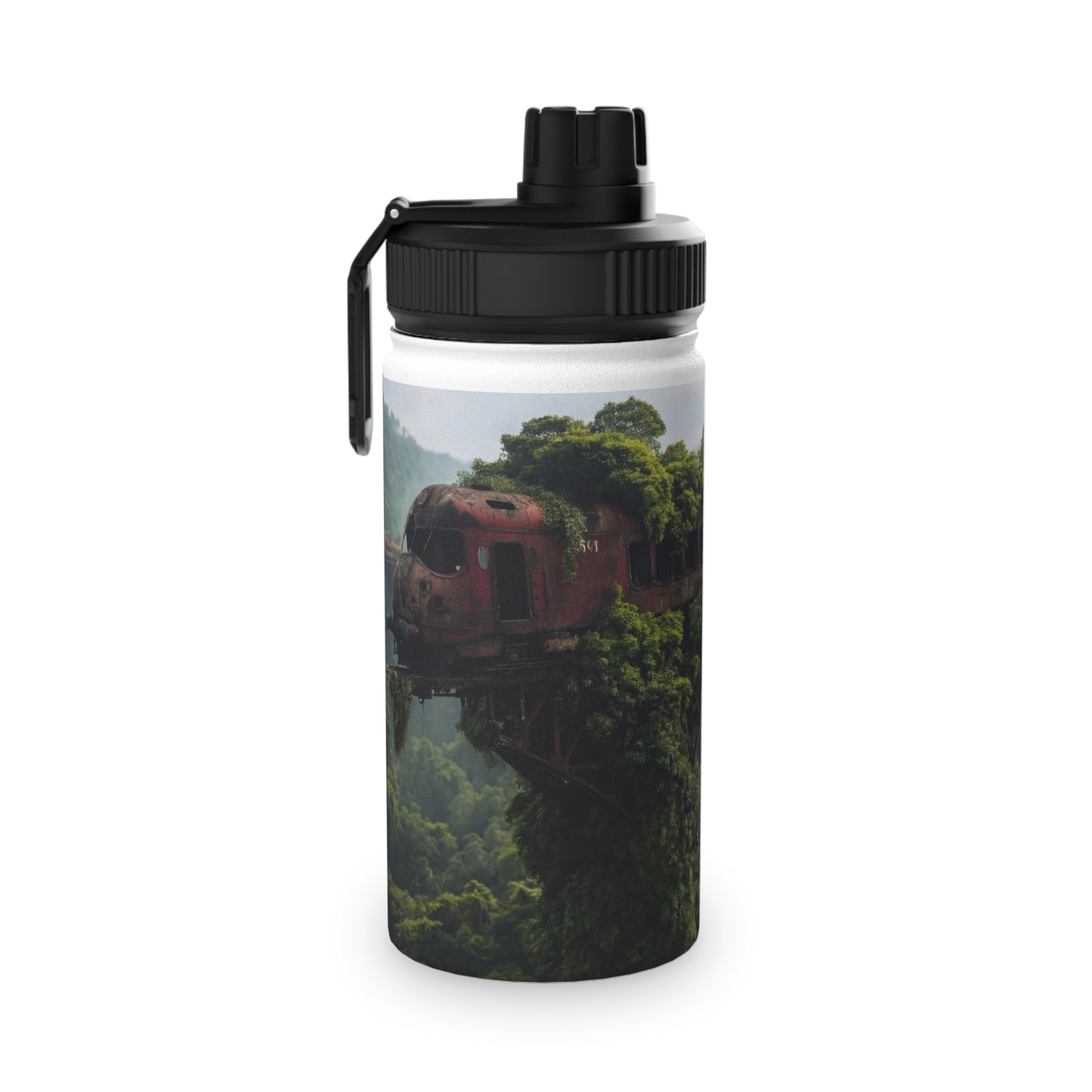 Abandoned Train Through Verdant Canopy Stainless Steel Water Bottle, Sports Lid – Timeless Forest Journey