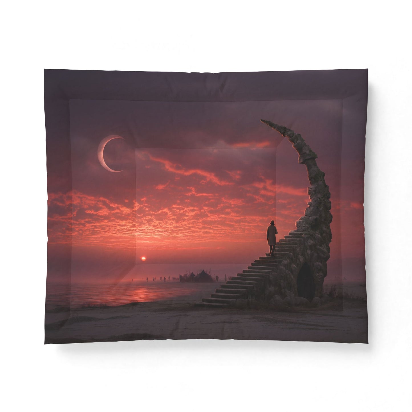 Twilight Staircase Cotton Comforter – Crimson Moonlit Horizon