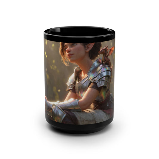 Elven Paladin with Mini Dragon Black Mug, 15oz – Iridescent Armor & Tiny Guardian