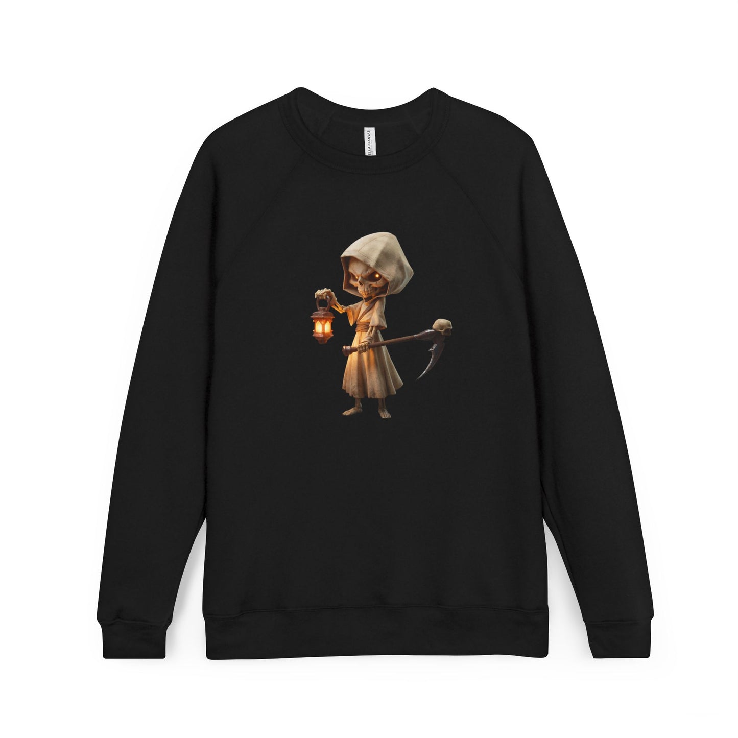 Lantern-Bearing Skeleton Sentinel Sweatshirt – Hooded Reaper with Scythe and Warm Glow