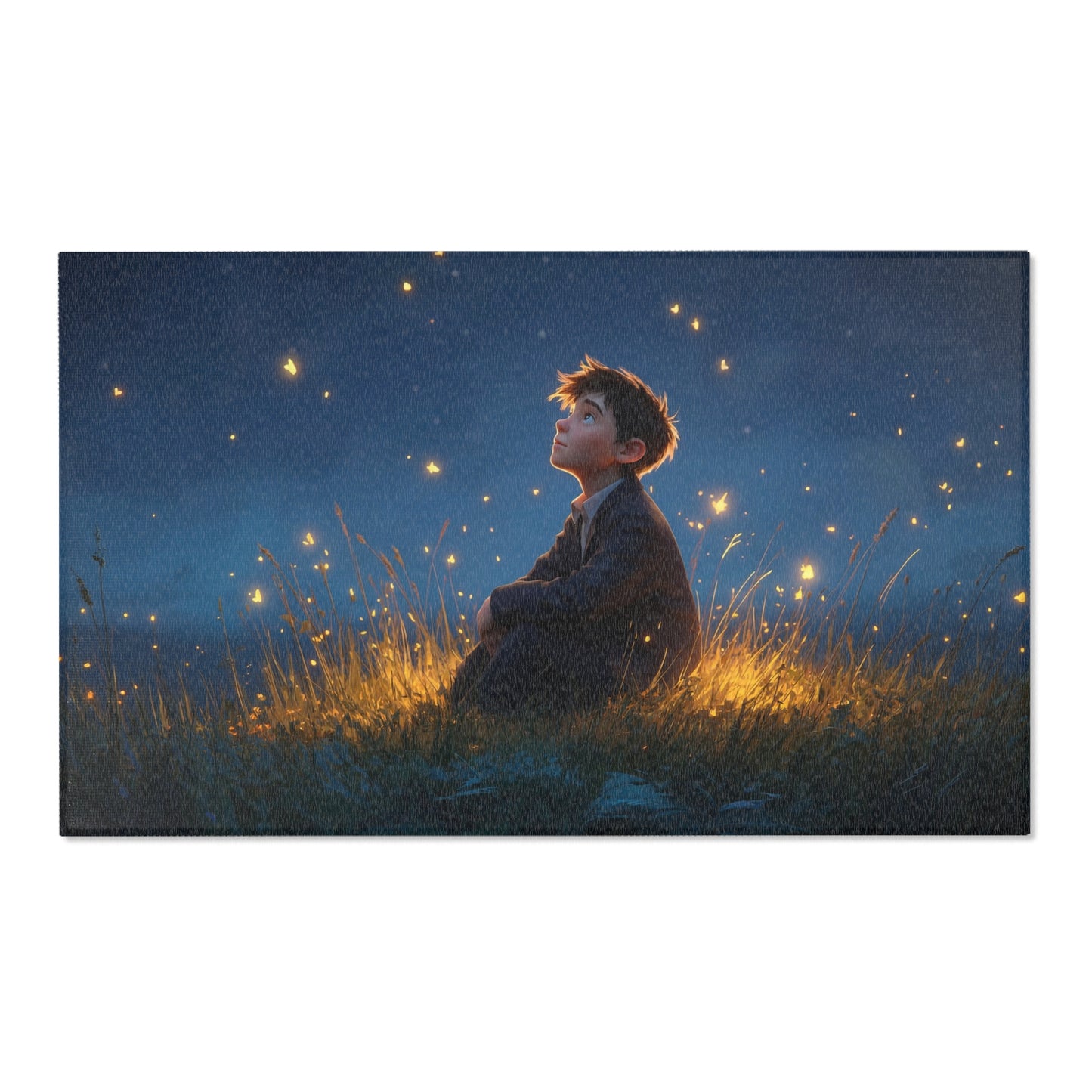 Boy Among Fireflies Area Rug – Twilight Meadow Whispers