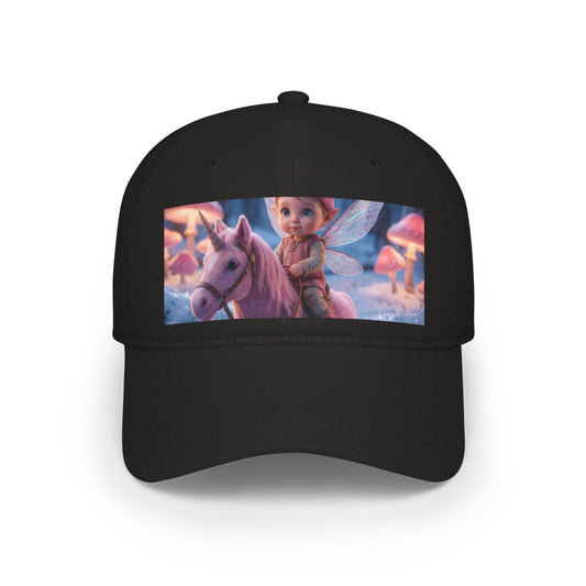 Pink Unicorn Fairy Rider Low Profile Baseball Cap – Winter Moss & Mushroom Forest