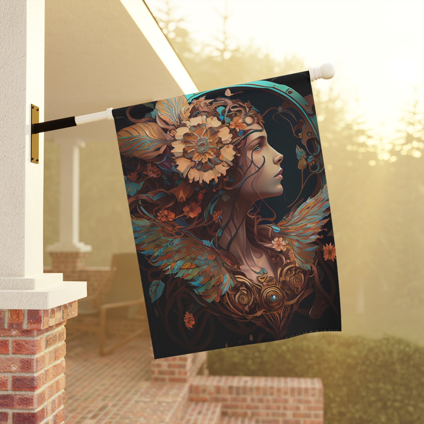 product design, psychedelic, dmt, self-transforming steampunk machine oracle elves, chrysanthemum, art nouveau, alphonse mucha - Garden & House Banner