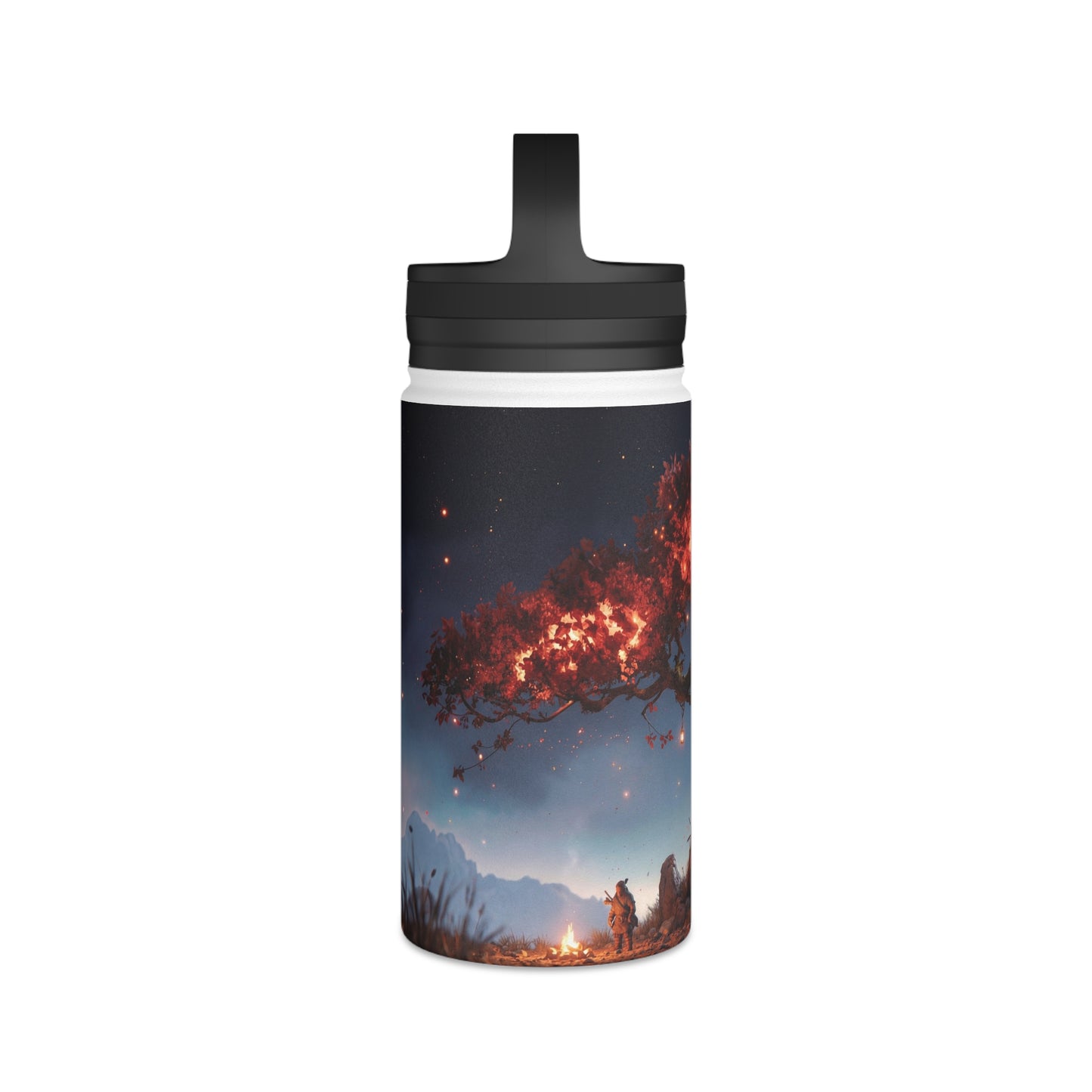 Whispering Flame Tree Stainless Steel Water Bottle, Handle Lid – Moonlit Campfire Sanctuary