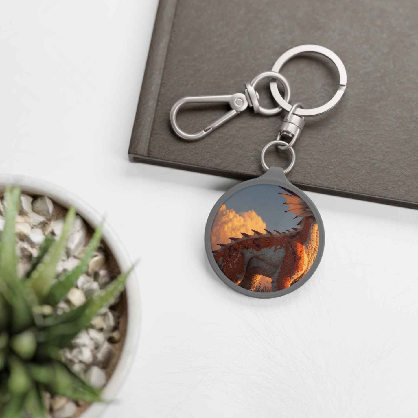 Sunset Guardian Dragon Keyring Tag – Warm Glow Over Wild Grasses