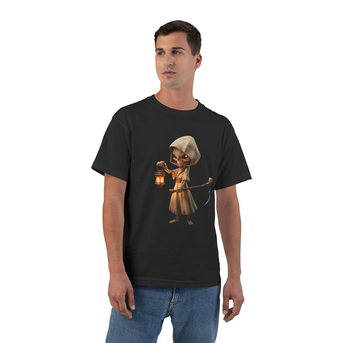 Lantern-Bearing Grim Reaper Short-Sleeve T-Shirt – Hooded Sentinel with Scythe