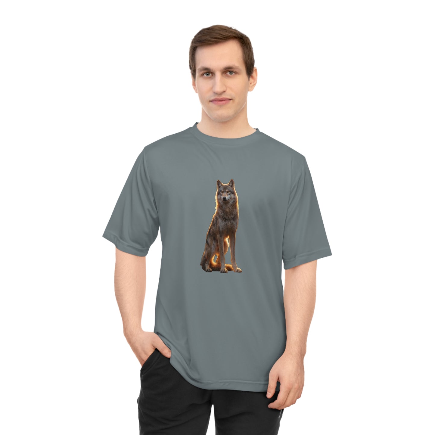 Golden Hour Wolf Unisex Zone Performance T-shirt – Sentient Silhouette at Twilight