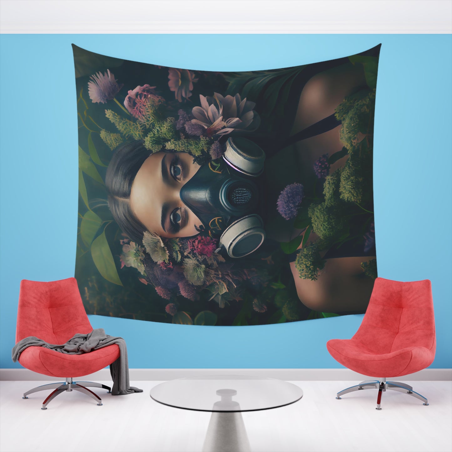 a beautiful woman wearing a gas mask filled with plants and flowers and moss - Printed Wall Tapestry