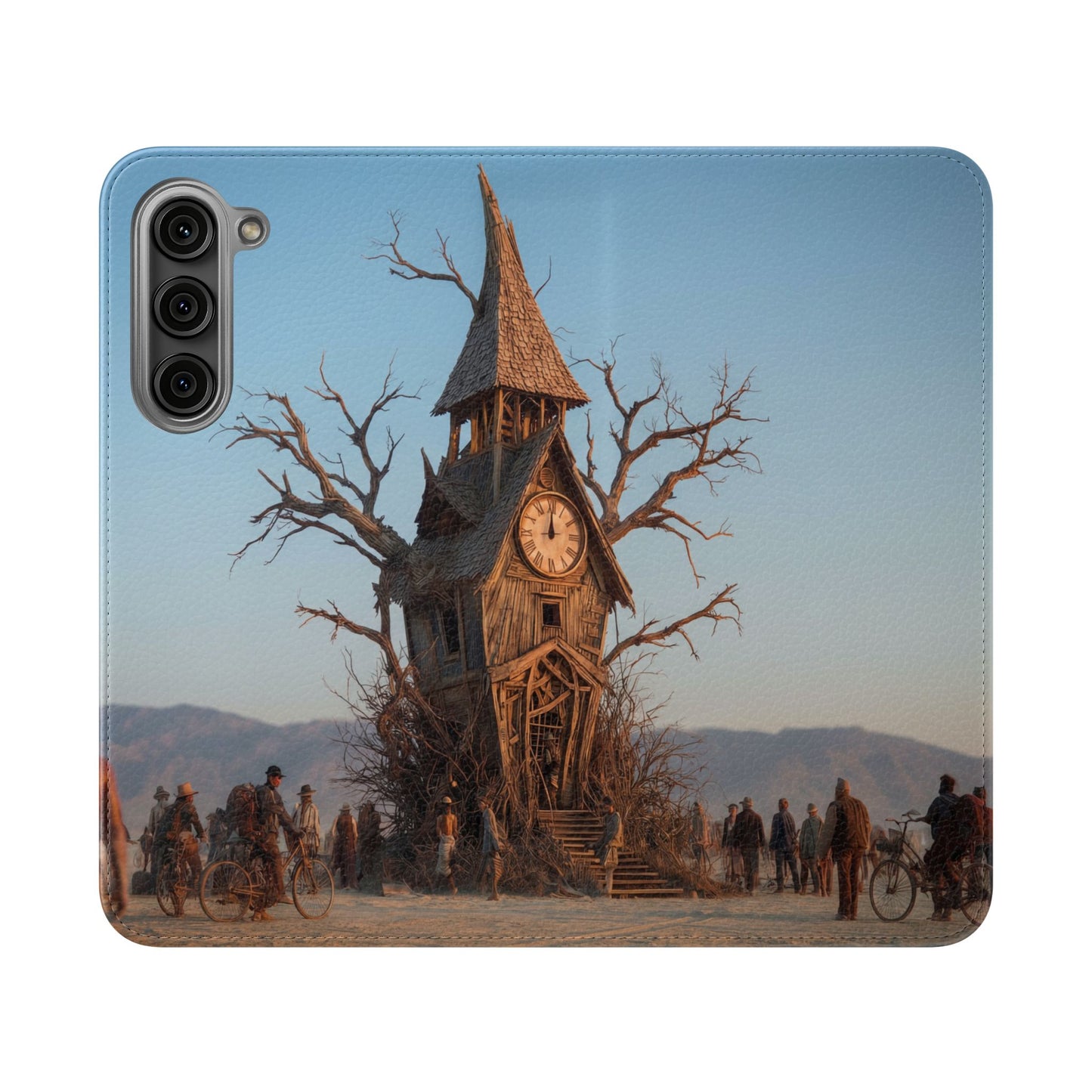 Clocktower Wanderers Flip Cases – Dusty Desert Sentinel Scene