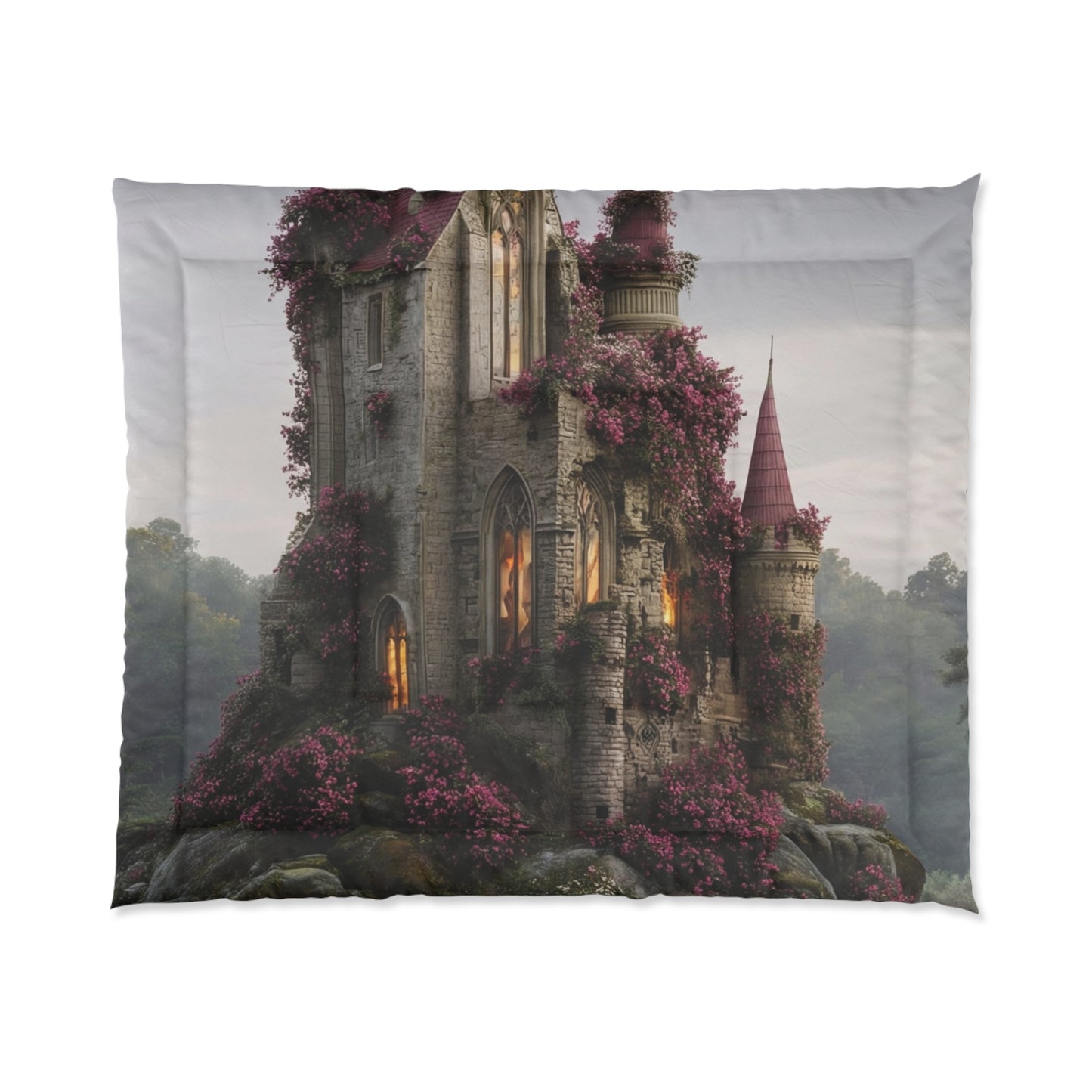 Rose-Spangled Castle Comforter – Whispering Dawn in the Wildwood