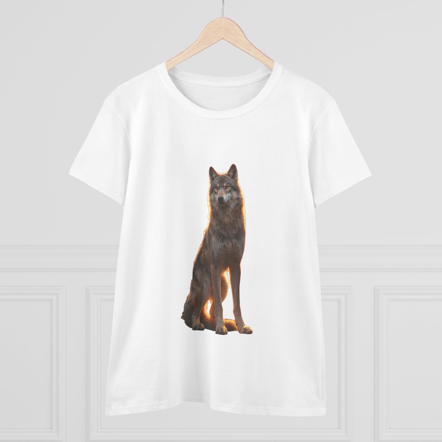 Golden Hour Wolf Women's Midweight Cotton Tee – Sentient Silhouette on Black