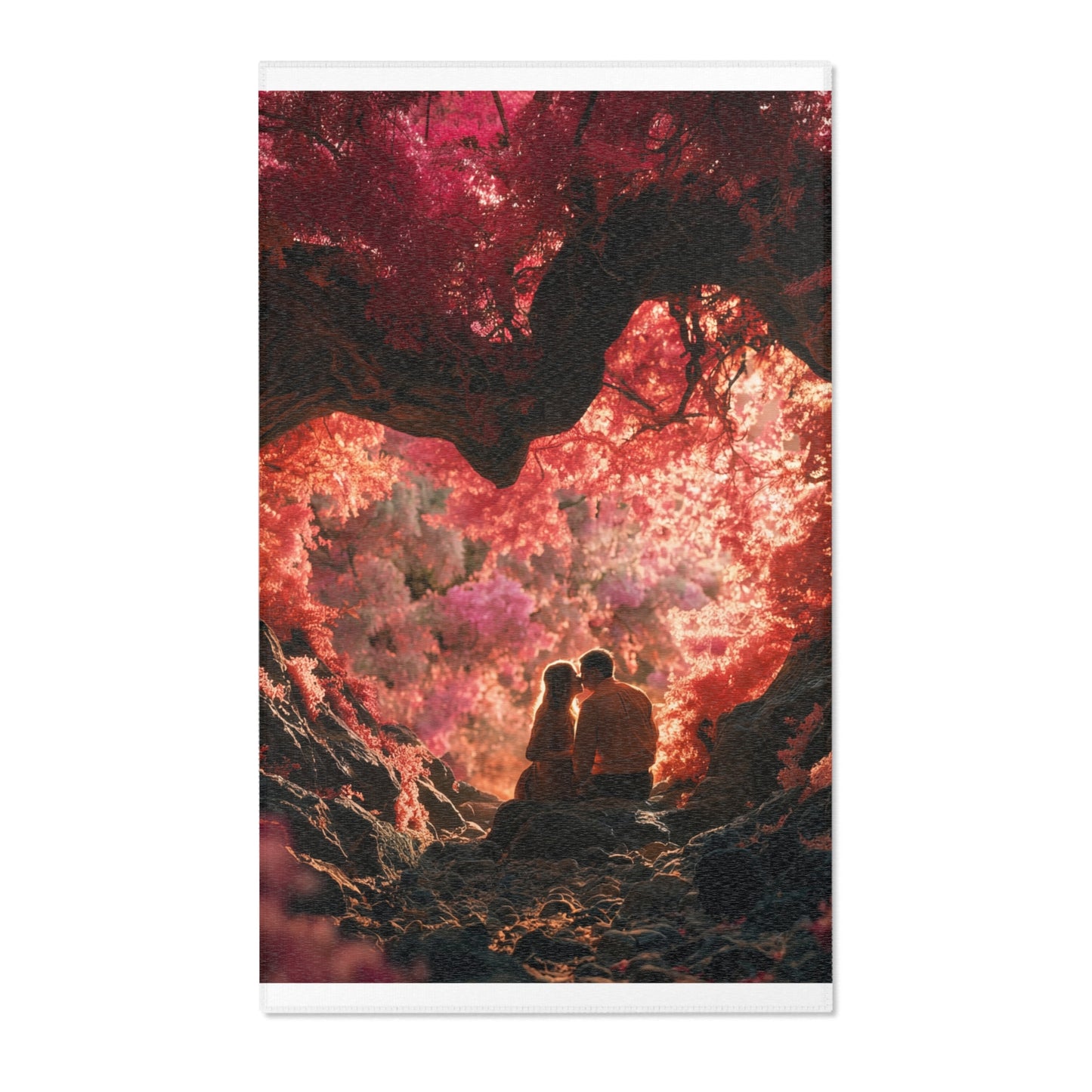 Crimson Canopy Love Rug – Sunset Embrace Under Whispering Trees
