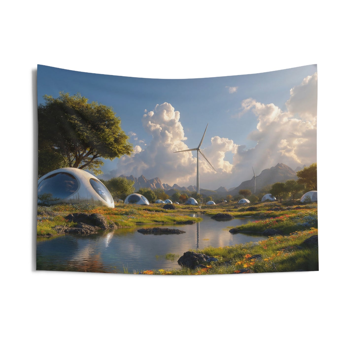 Futuristic Dome Village Indoor Wall Tapestries – Sunset Energy Dreamscape