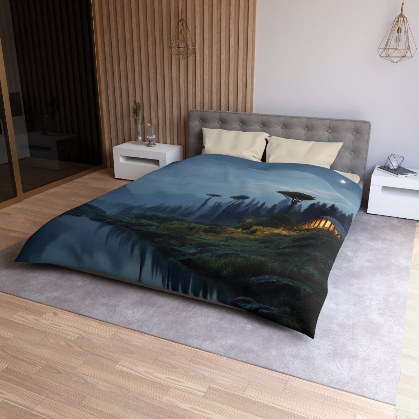 Moonlit Cabin Duvet Cover – Whispering Peaks & Silent Waters