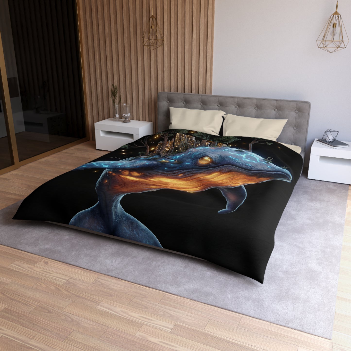 Bioluminescent Whale Sanctuary Duvet Cover – Floating City on a Gentle Giant