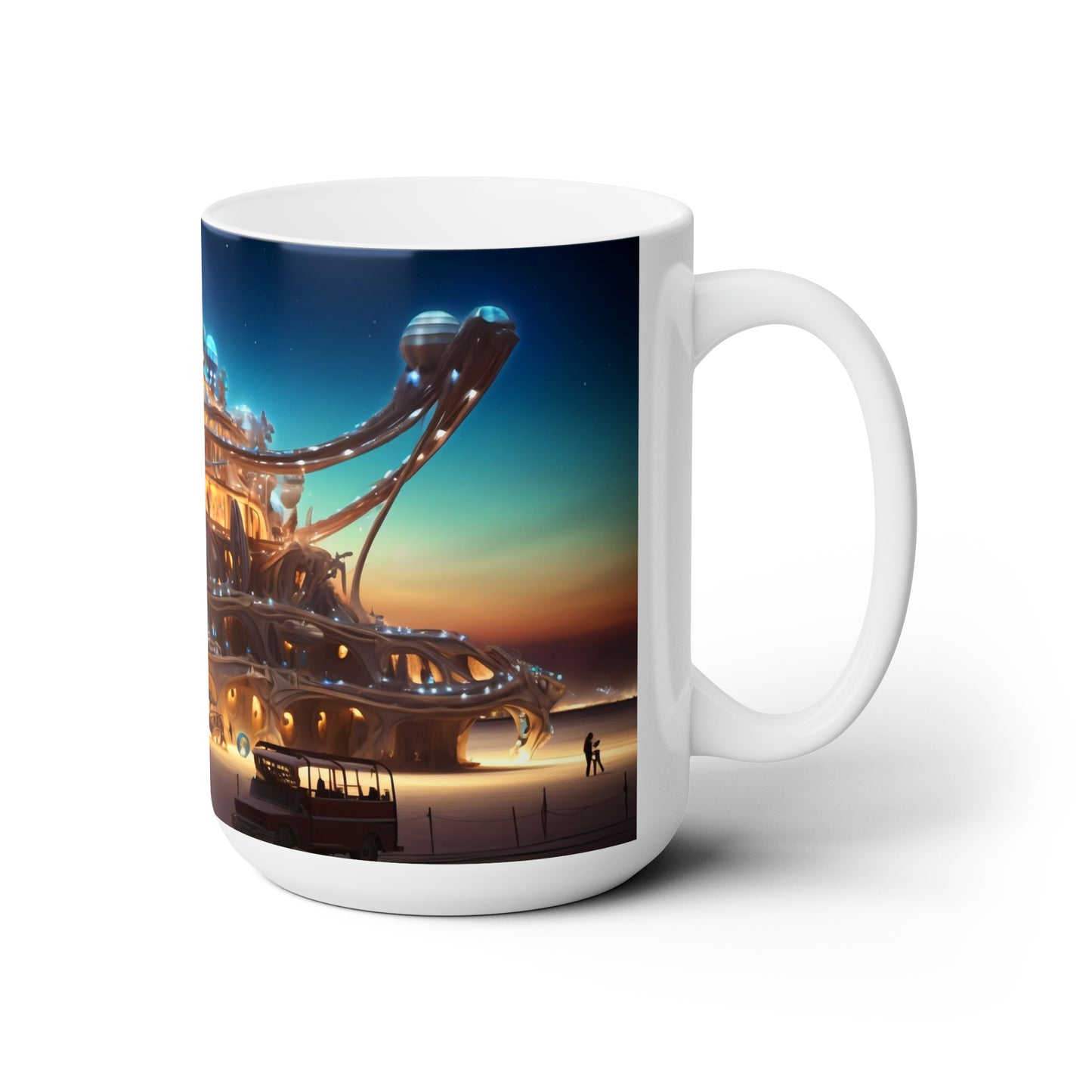 a floating island dominating the skyline of the Burning Man festival, casting an otherworldly aura over the ephemeral city.  - Ceramic Mug 15oz