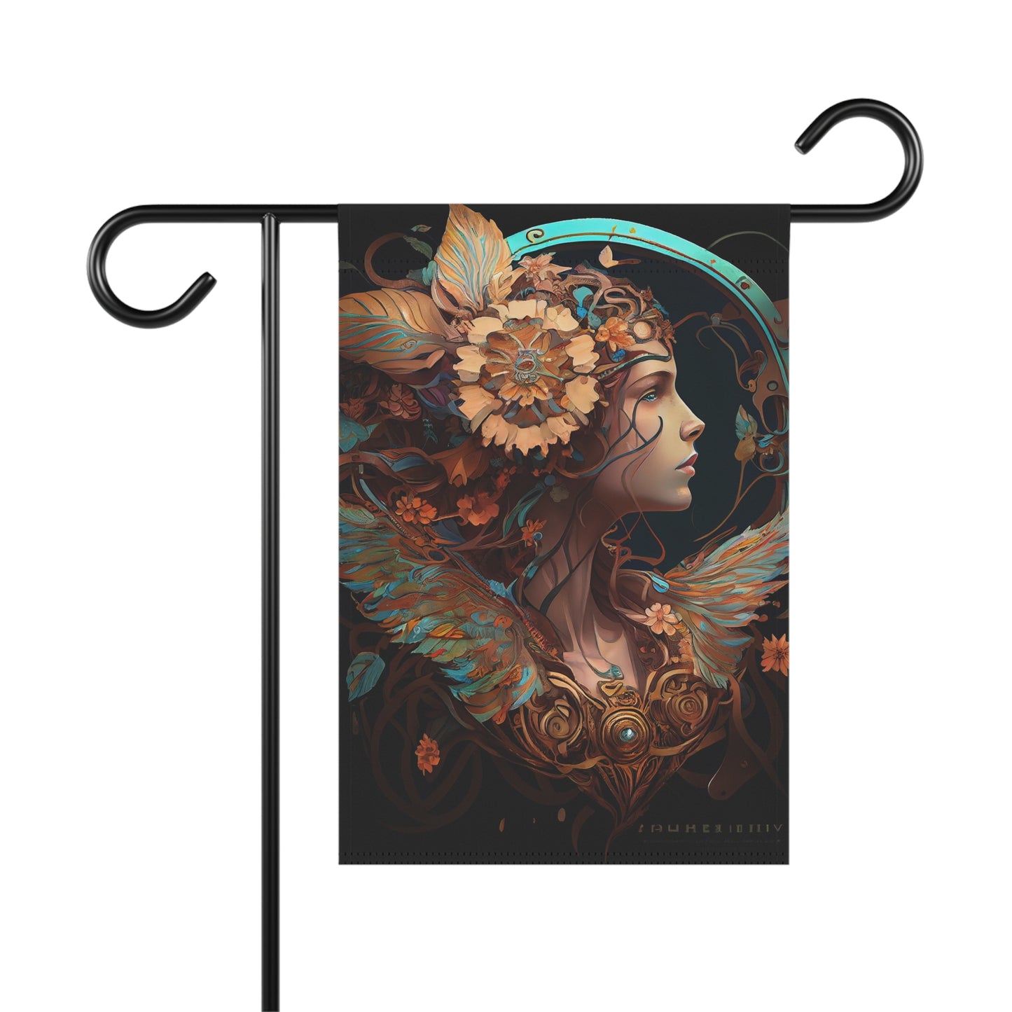 product design, psychedelic, dmt, self-transforming steampunk machine oracle elves, chrysanthemum, art nouveau, alphonse mucha - Garden & House Banner