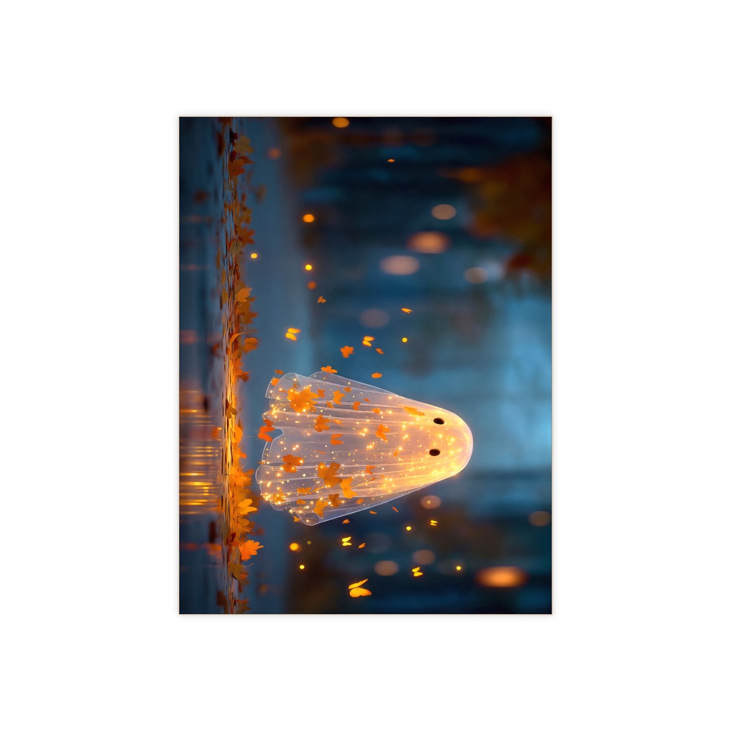 Gentle Ghost with Autumn Leaves Ceramic Photo Tile – Whimsical Twilight Spirit