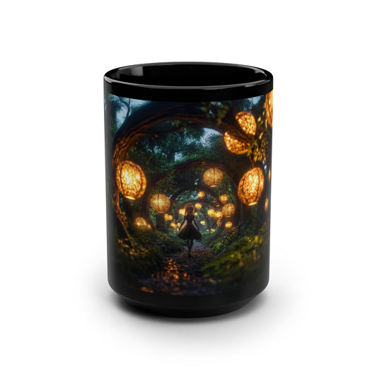 Title: Lantern Forest Girl Mug, 15oz – Golden Canopy Pathway Art