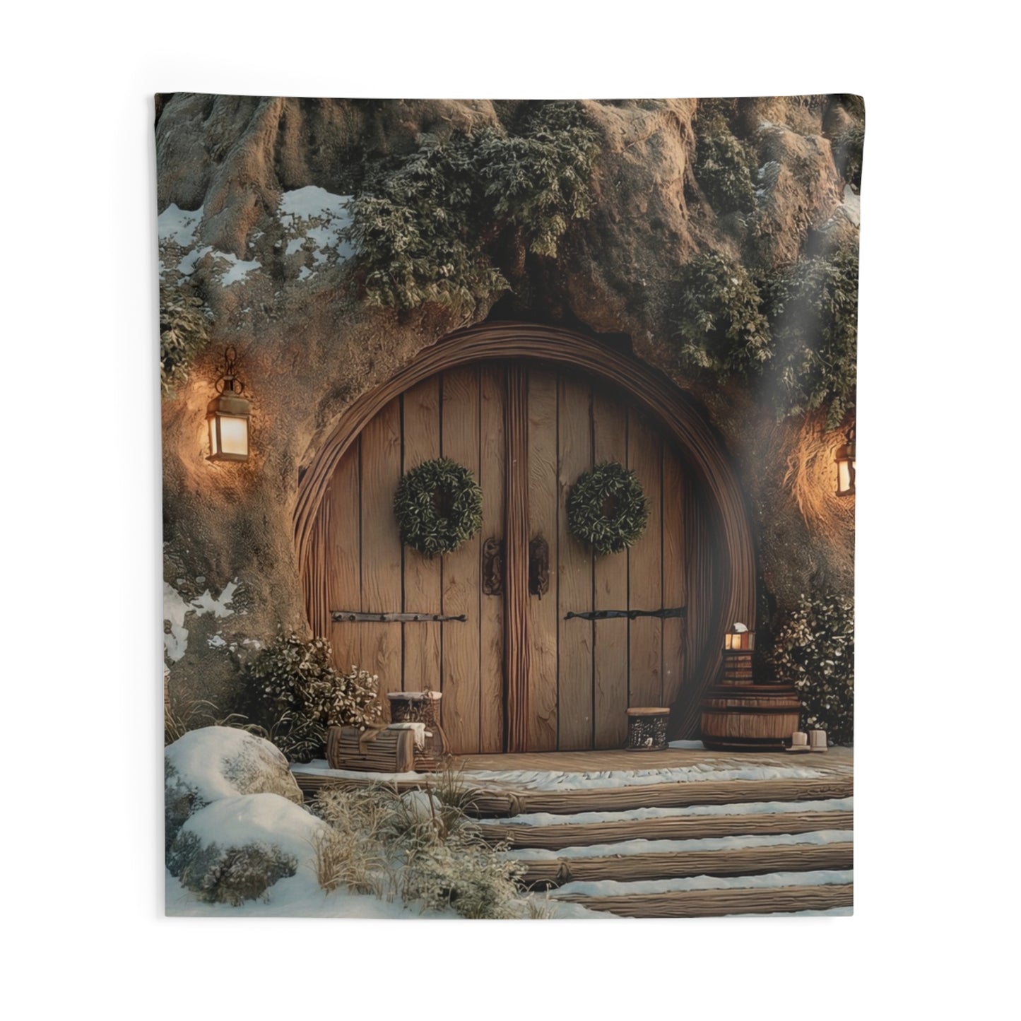 Winter Hollow Treehouse Tapestry – Snow-Dusted Forest Sanctuary