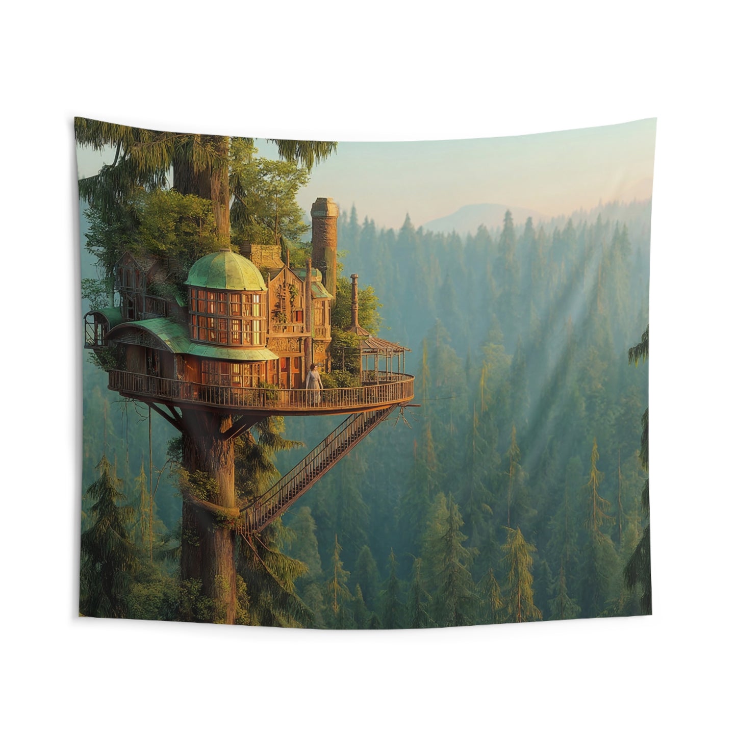 Treehouse Sentinel Indoor Wall Tapestries – Dawn’s Embrace in the Ancient Canopy