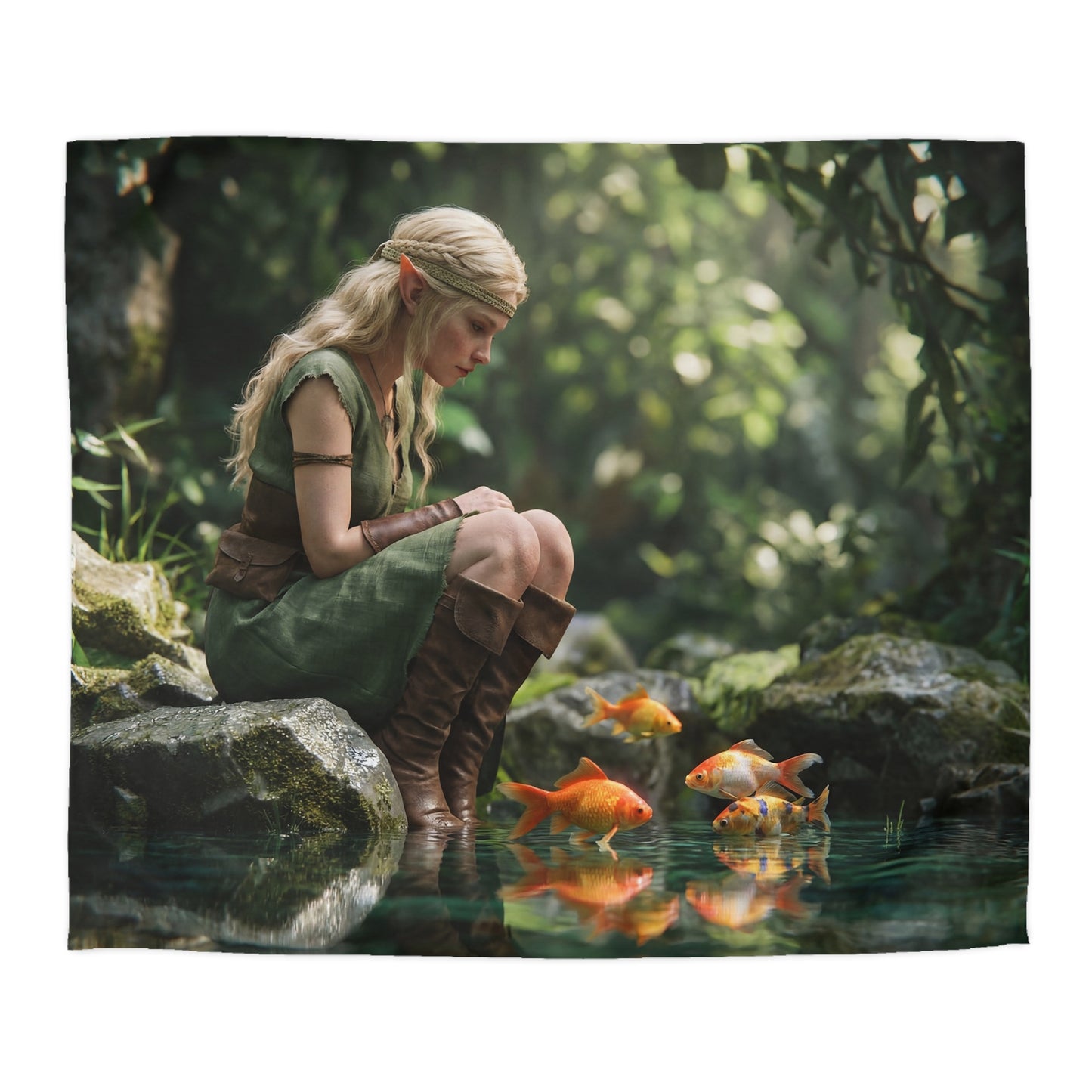 Forest Elf with Goldfish Microfiber Duvet Cover – Quiet Dawn Reflections