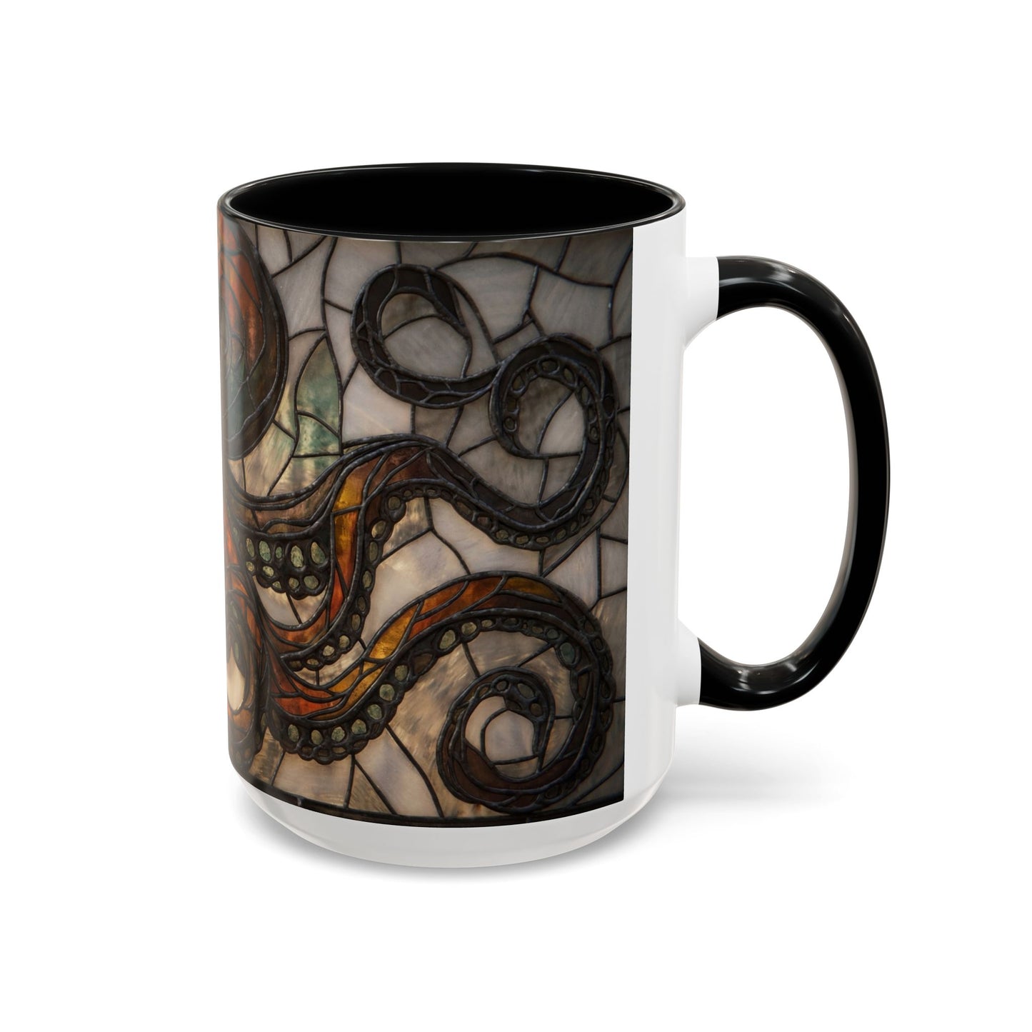 Stained Glass Octopus Accent Coffee Mug – Amber Tentacle Mosaic Art