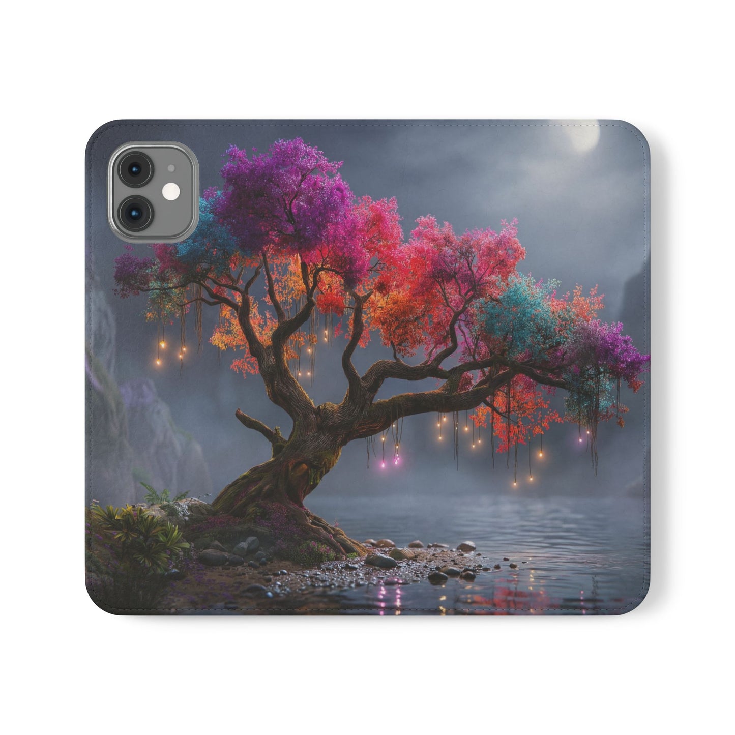 Chromatic Canopy Flip Cases – Rainbow Tree Moonlit Waterfall Scene