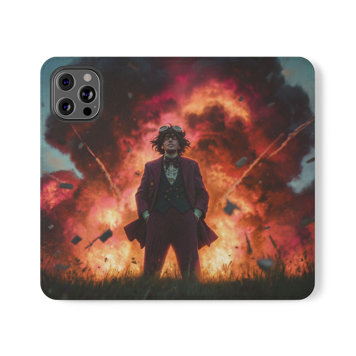Goggles & Chaos Flip Cases – Purple Suit Amidst Fiery Explosion