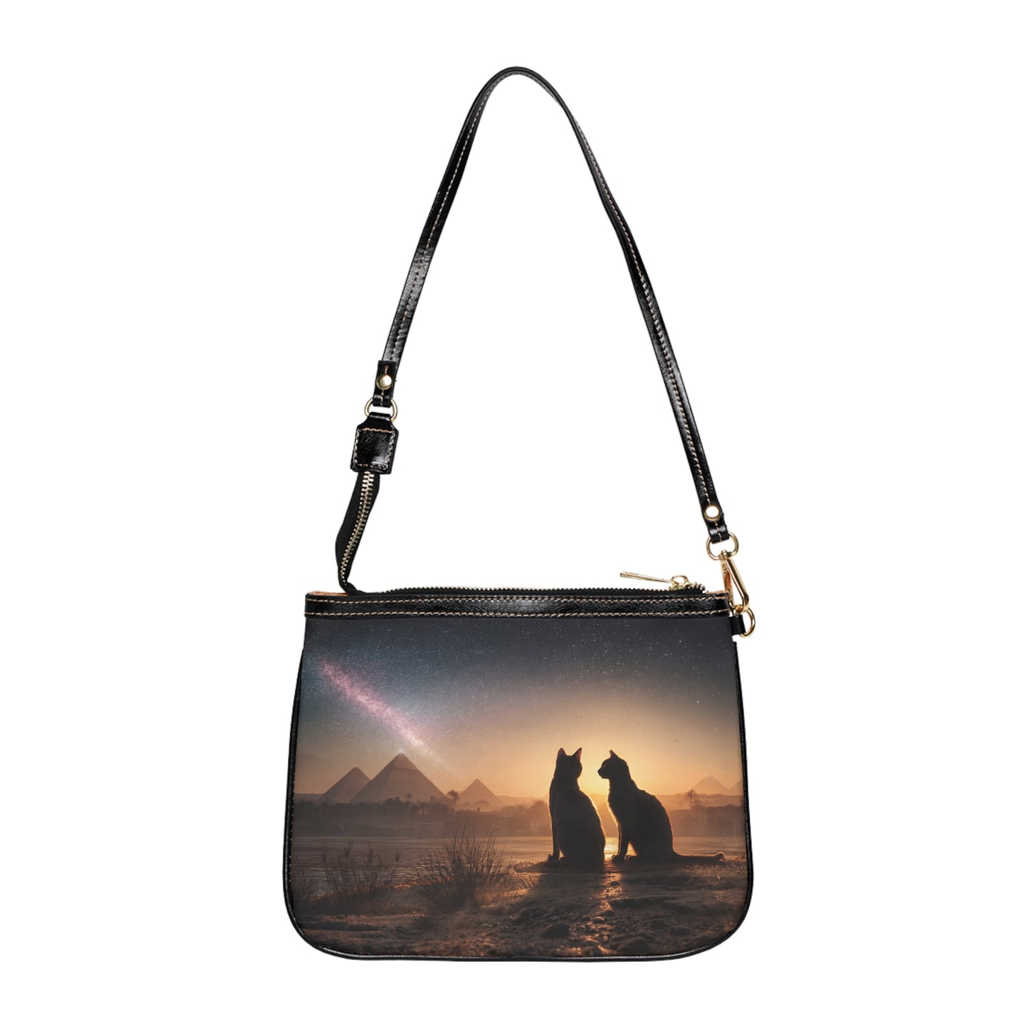 Starlit Pyramids Cat Pair Small Shoulder Bag – Whispers of Ancient Twilight