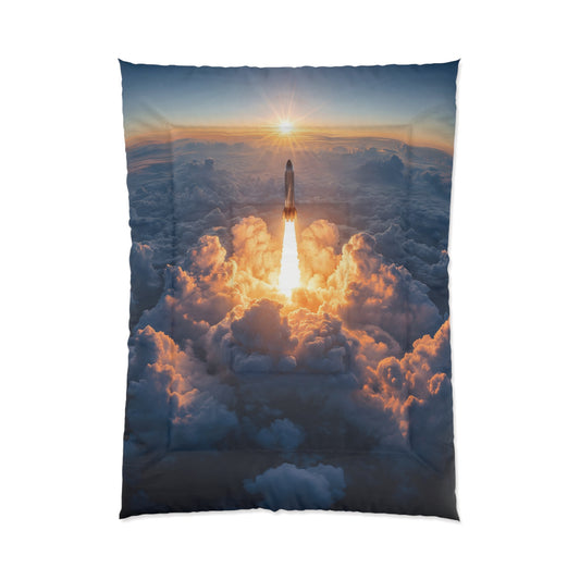 Rocket Ascension Comforter – Sunburst Launch Through Cloudscape