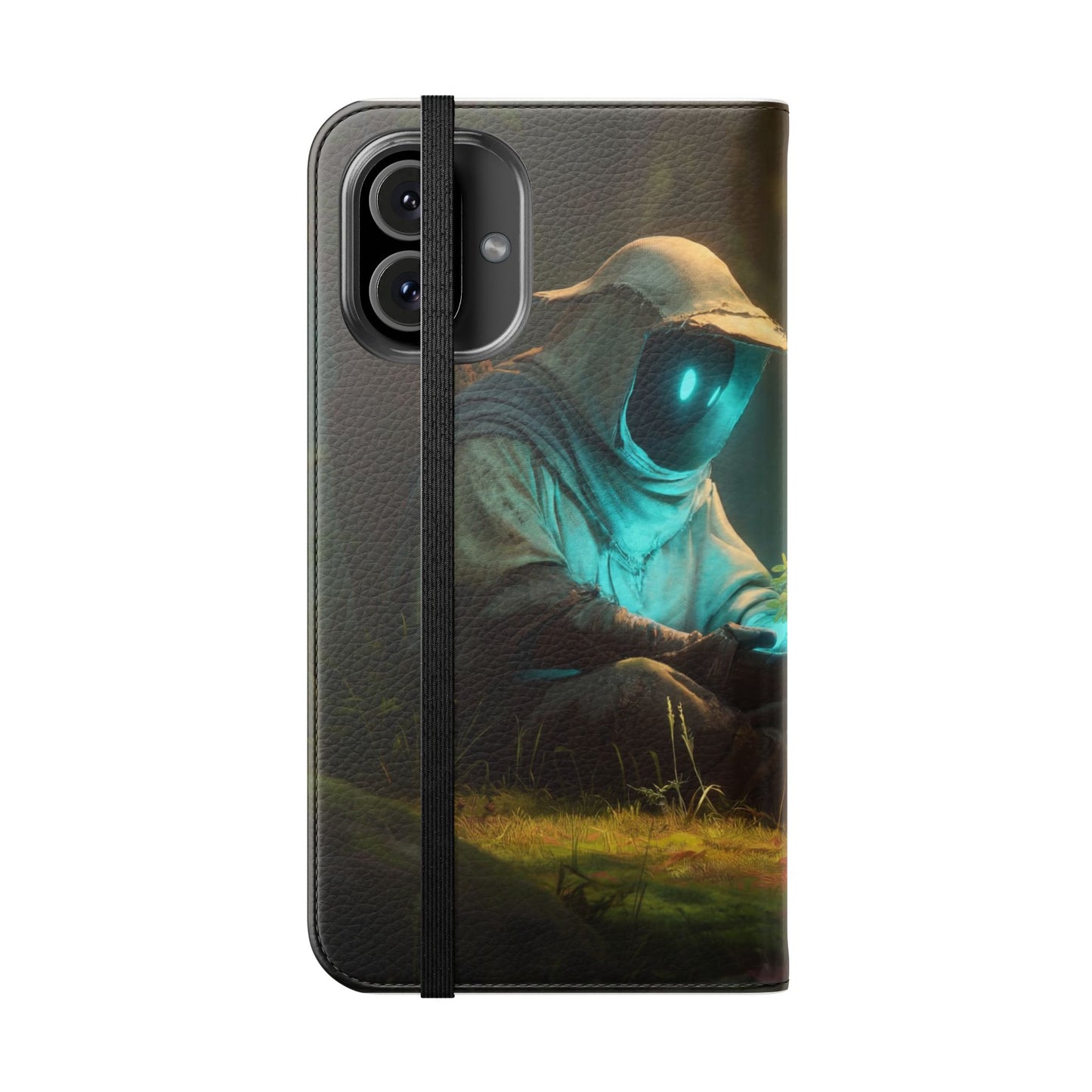 Glowing Orb Hooded Guardian Flip Cases – Bioluminescent Forest Keeper