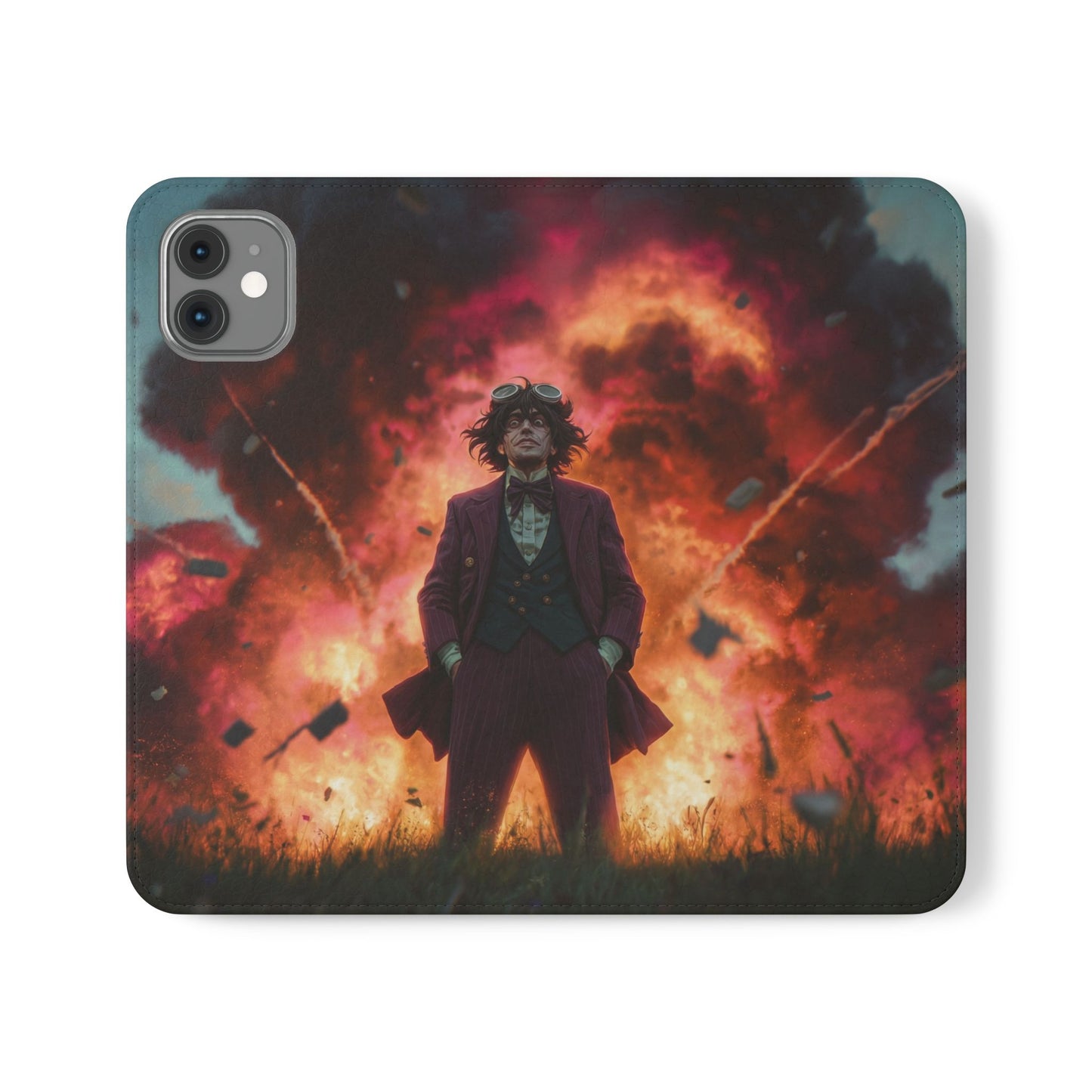 Goggles & Chaos Flip Cases – Purple Suit Amidst Fiery Explosion