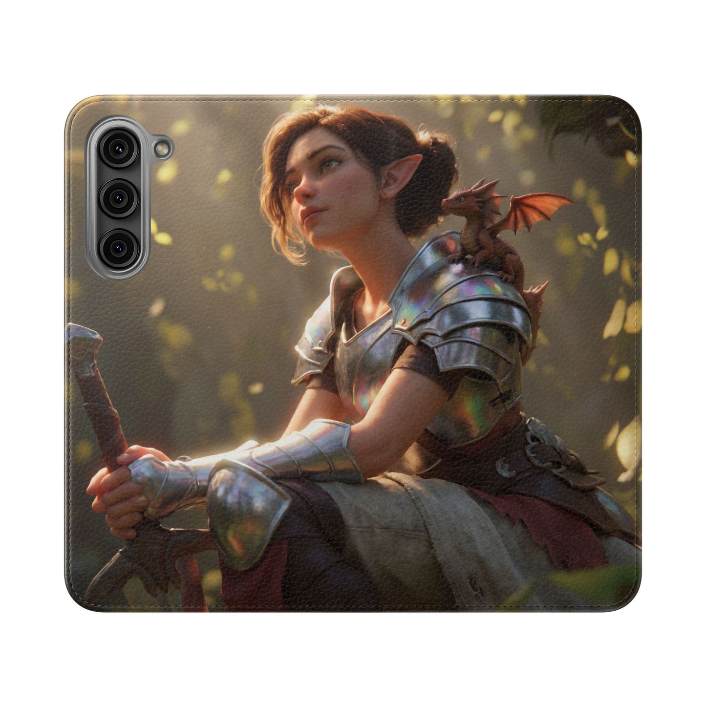 Elven Knight with Dragon Flip Cases – Iridescent Armor & Tiny Guardian Portrait