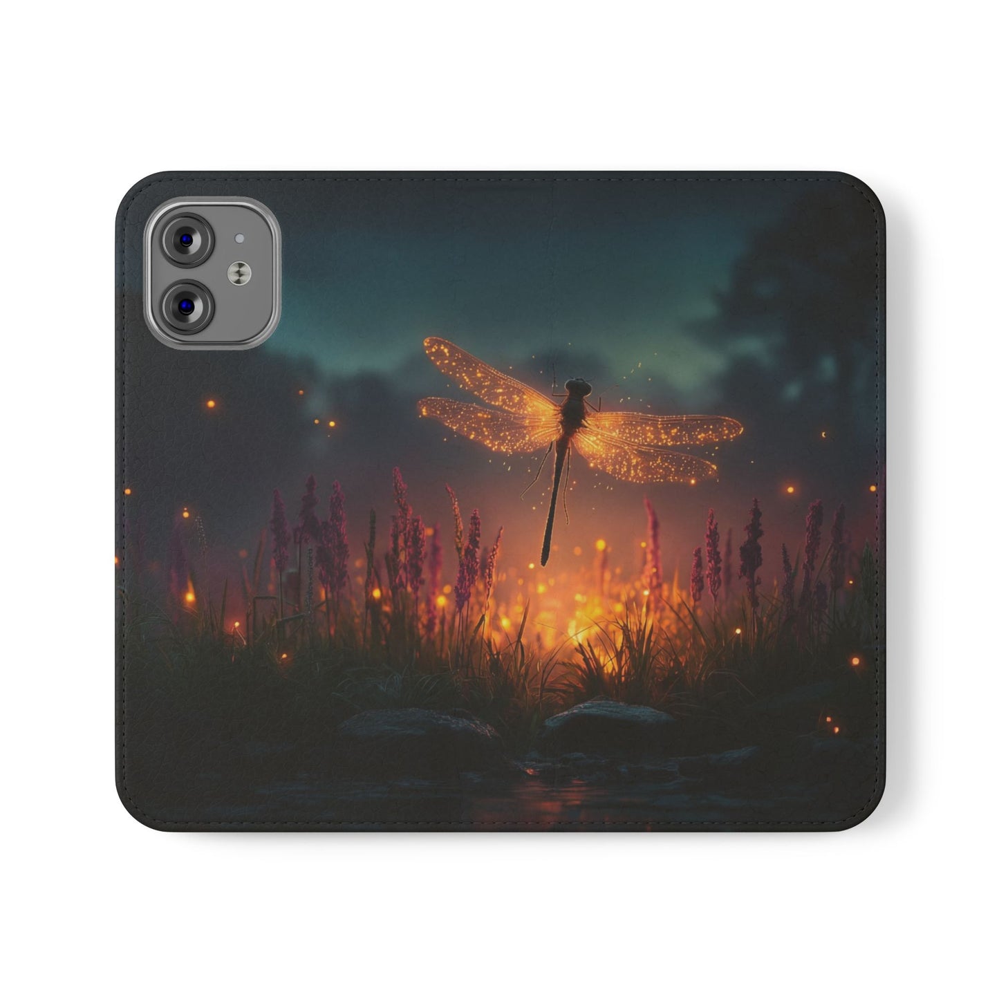 Bioluminescent Dragonfly Flip Cases – Glowing Amber Wings Over Twilight Marsh