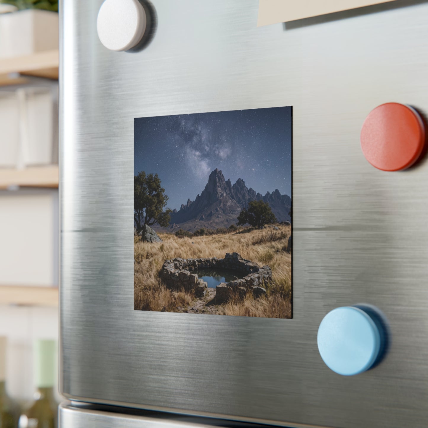 Starlit Mountain Well Square Magnet – Whispering Peaks Under Milky Way